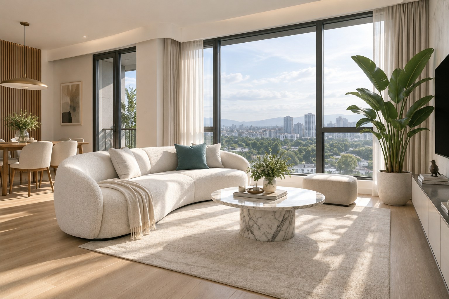 A bright, freshly cleaned living room with an ivory sofa and natural daylight